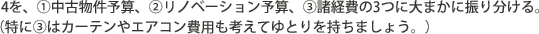 5. 4を、[1]中古物件予算、[2]リノベーション予算、[3]諸経費の3つに大まかに振り分ける。
（特に③はカーテンやエアコン費用も考えてゆとりを持ちましょう。）